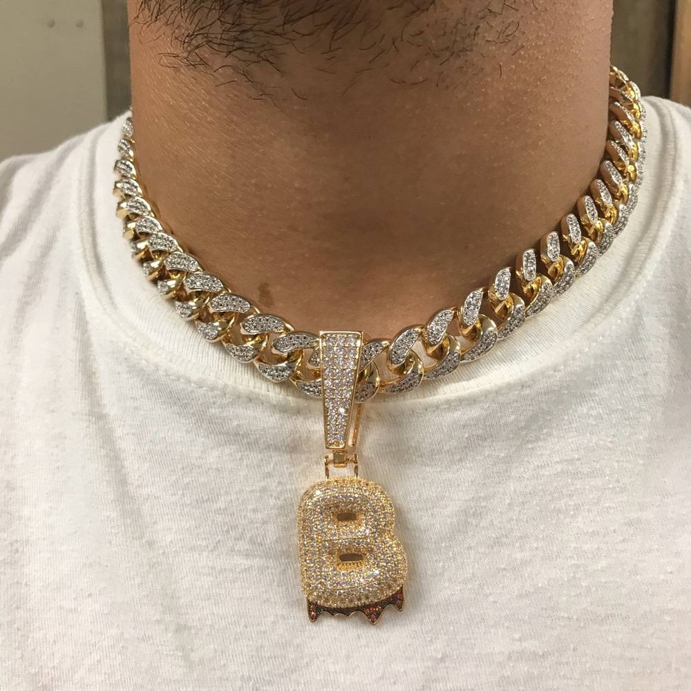 Iced out bubble letter+miami Cuban link chain